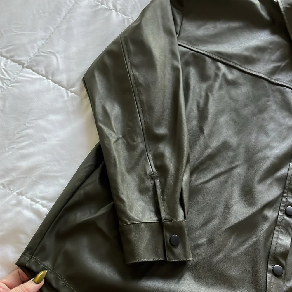 ASOS Olive Green Faux Leather Button-Down Shirt - Picture 4 of 16